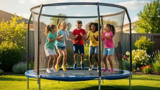 Barn hoppar säkert på studsmatta med skyddsnät i trädgård
