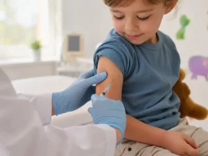 Barn får vaccination i ljus vårdmiljö med mjukt dagsljus