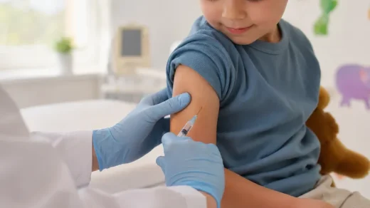 Barn får vaccination i ljus vårdmiljö med mjukt dagsljus