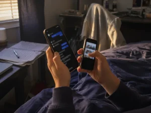 Tonåringshänder håller två mobiltelefoner i sovrumsmiljö