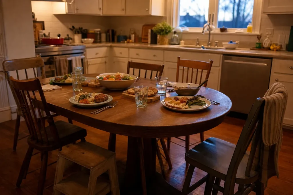 Köksbord dukat för familjemiddag med enkel mat och en pall för barn