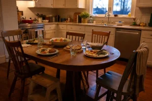 Köksbord dukat för familjemiddag med enkel mat och en pall för barn