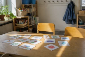 Bildkort och stol i ett klassrum där språkstöd ges till barn