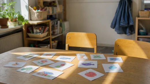 Bildkort och stol i ett klassrum där språkstöd ges till barn