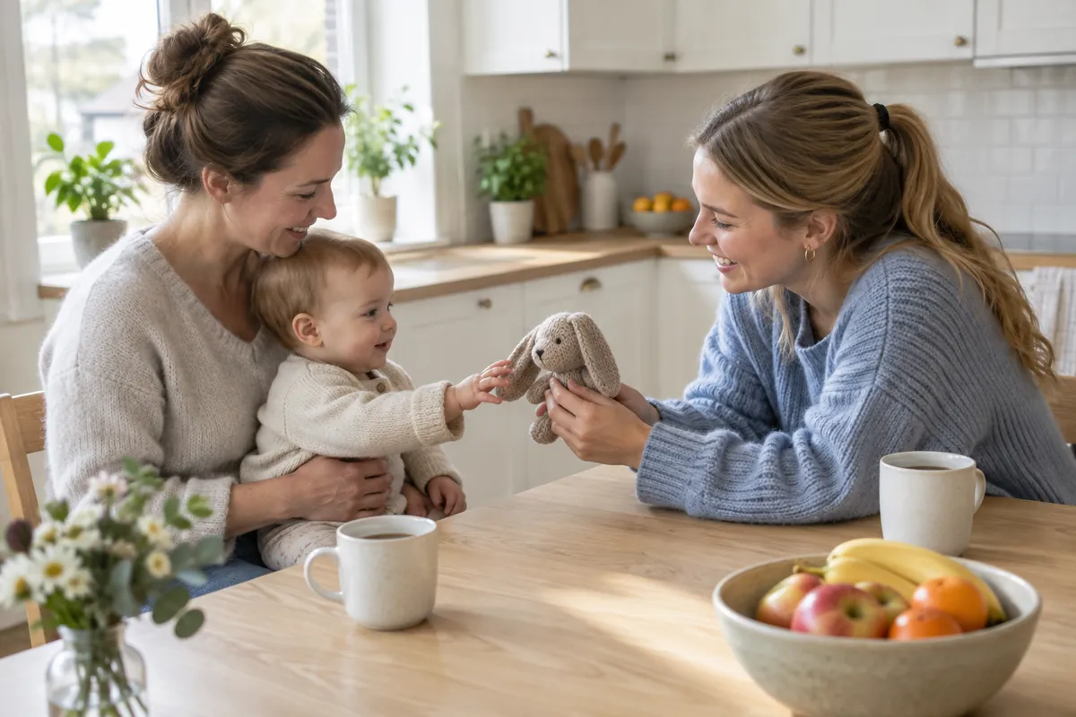 Mamma med bebis i knät pratar med en barnvakt vid köksbordet medan barnvakten räcker fram ett gosedjur