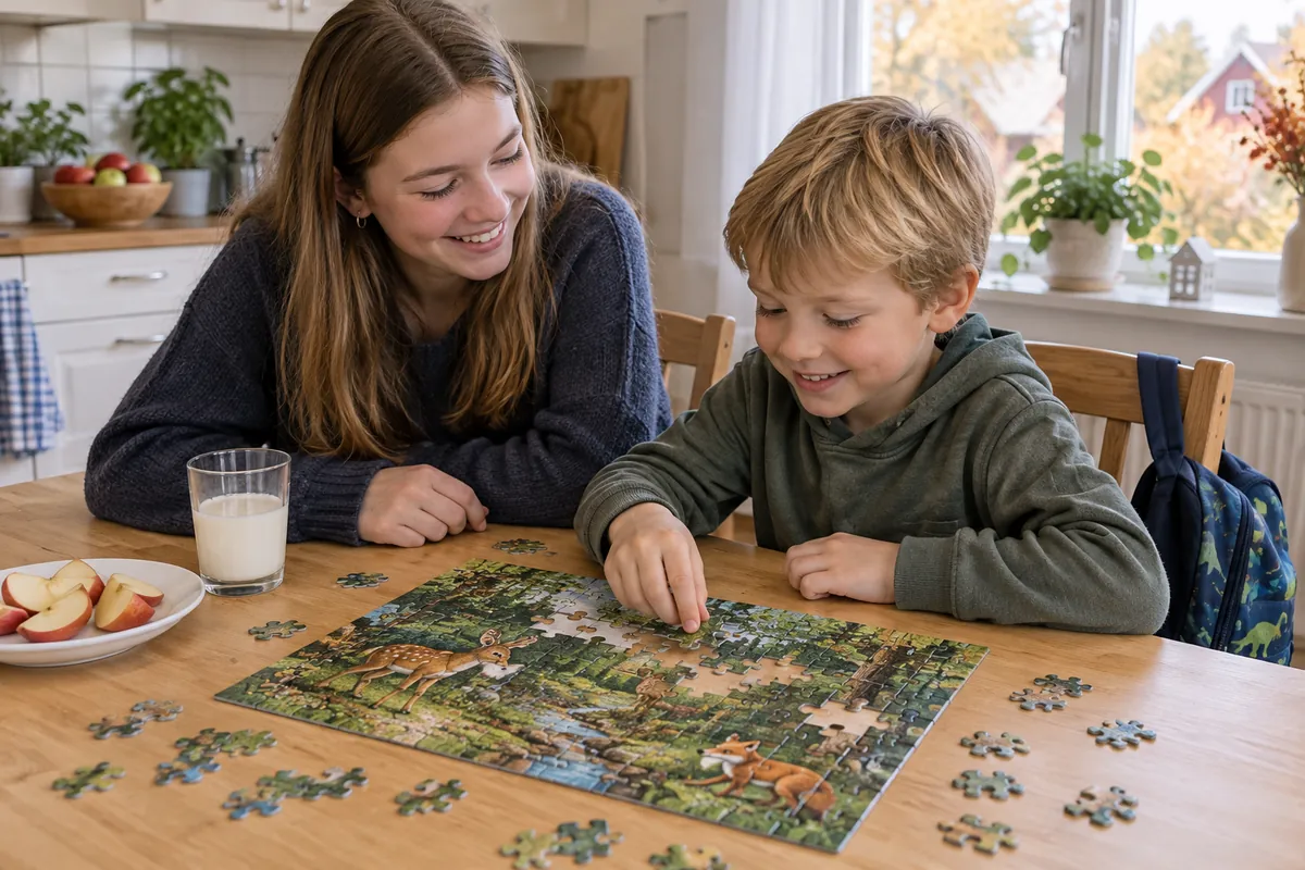Tonårig barnvakt lägger pussel med en sexårig pojke vid köksbordet efter skolan