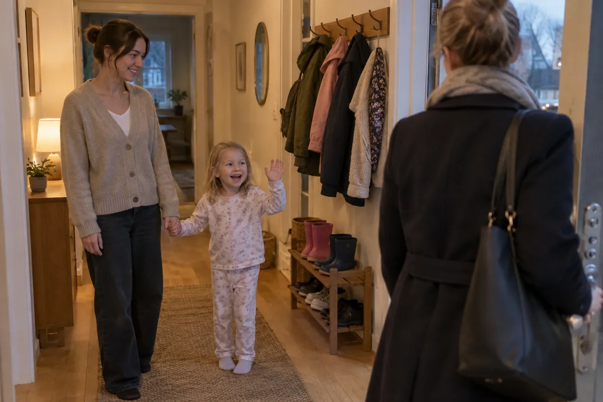 Glad flicka i pyjamas håller barnvakten i handen och vinkar hej då till sin mamma i dörren